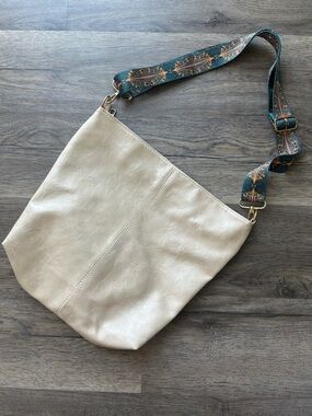 Cream Crossbody Hobo Bag with Patterned Adjustable Strap
